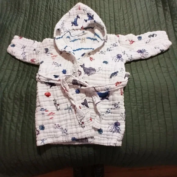 Malabar Baby Kids White Organic Cotton Muslin Sea Life Hooded Robe 1-2 Years - Picture 5 of 8